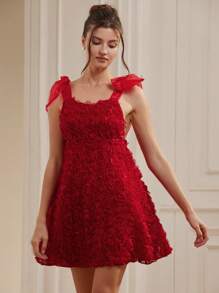 Aveloria 情人节浪漫时尚重磅刺绣花卉拼布欧根纱束腰无袖迷你 A 字连衣裙，适合夏季春秋季优雅时尚风格