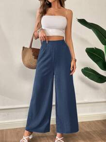 SHEIN Essnce Plus Size Women's Spring And Summer Fashion Casual Loose Super High Waist Dark Blue Wide Waist Wide Leg Pants,Women Bottom,Summer Outfits For Women,Vacation Outfits Woman,Minimalist,Baggy Pants,Curve Pants - Navy Blue - View 5
