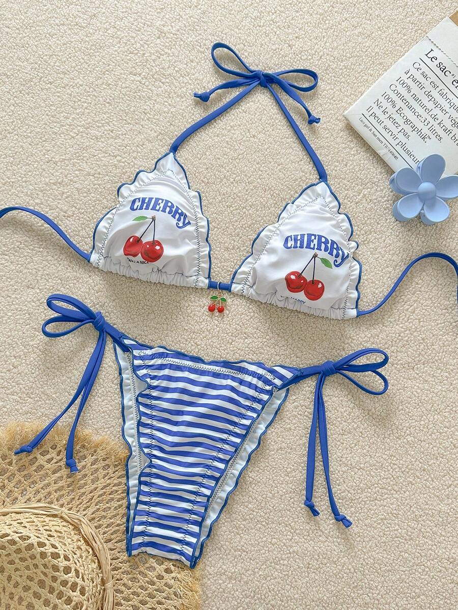 Swim Mod Springbreak Women Summer Cherries Print Triangle Halter Cherries Decor & Blue Striped Bikini Bottom Cute & Sexy Swimwear Set - Blue and White - View 1