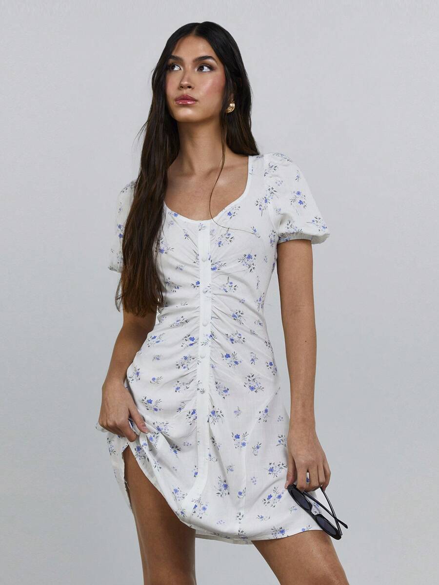 Athîral Women Jersey Ruched Front Ditsy Floral Print Mini Dress - White - View 1