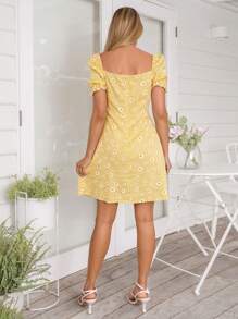SHEIN VCAY Women's Frill Tie-Up Puff Sleeve A-Line Ditsy Floral Romantic Vacation Dress - Yellow - View 2