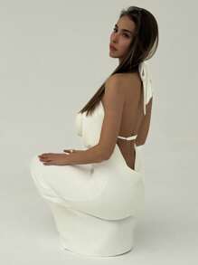 Aloruh Romantic Date, Summer Resort Hollow Shell Decor Backless H-Line Dress For Women,Wedding Guest Dress Women - White - View 7