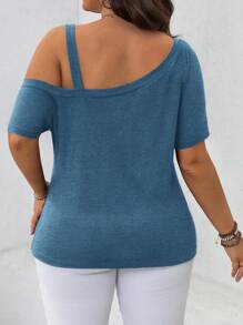 SHEIN LUNE Plus Size Vrouwen Effen Kleur Asymmetrische Hals Gerimpelde Knoop Korte Mouw Casual T-shirt