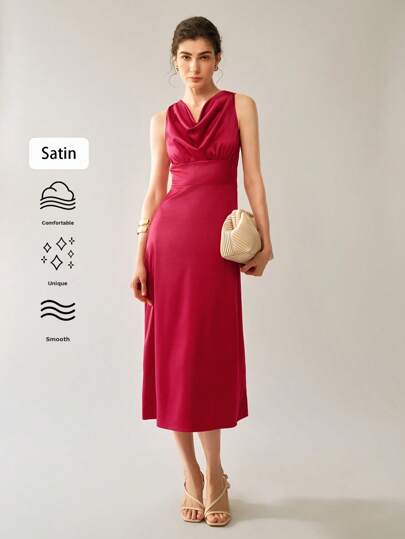Uhlyne Sleeveless V-Neck Midi Dress, Elegant Fitted Style For Women, Suitable For Wedding Season