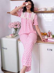 SweetSlumber Conjunto de pijama a rayas con volantes y lazo para mujer