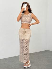 SHEIN PETITE Women's Holiday Knitted Imitation Crochet Vest Slit Skirt Suit, Music Festival, Music Festival Wear, Bohemian - Khaki - View 5