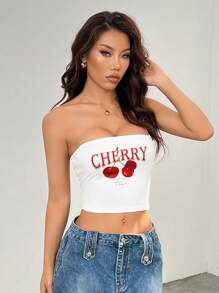 SHEIN PETITE 3 stuks/set witte kersenprint tubetop, rode effen tubetop, zwarte strass strik decor tubetop