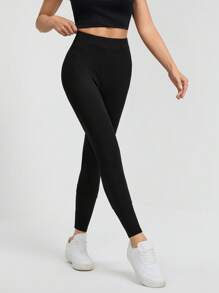 SHEIN Tall Solid Color Casual Sports Knitted Tight-Fitting High-Elastic Wide Ribbed Textured Leggings For Women - Black - View 6