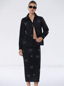 SHEIN Privé Set da 2 pezzi di abbigliamento casual da ufficio per donne: camicia con colletto e polsini con bottoni + gonna lunga basic, in tessuto premium con ricamo - nero - Visualizzare 3