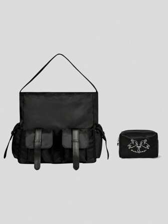 Grunge Punk Juego de 2 piezas con bolso de hombro de gran capacidad y bolsa de maquillaje con bordado de conejo de Pascua, bolso de compras de tela Oxford de moda, set de regalo