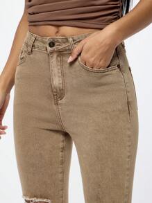 SUMWON WOMEN High Waist Bootcut Flare Jeans With Distressed Knee Details, Stretch Comfort Denim, Perfect For Fall Winter Fashion, Casual To Semi-Formal Wear - Khaki - View 6