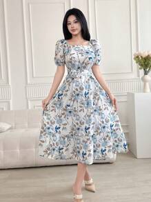 DAZY Women Square Neck Floral Print Mid-Calf Dress With Sash Tie Waist,Back To School Clothes,Teacher Outfits Vacation Outfits Women - Baby Blue - View 8