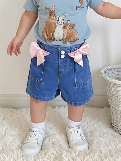 Denimly Girls Casual Soft Denim Shorts With Cute Bow Drawstring Waist, Comfortable & Versatile For Vacation, Light Weight Summer