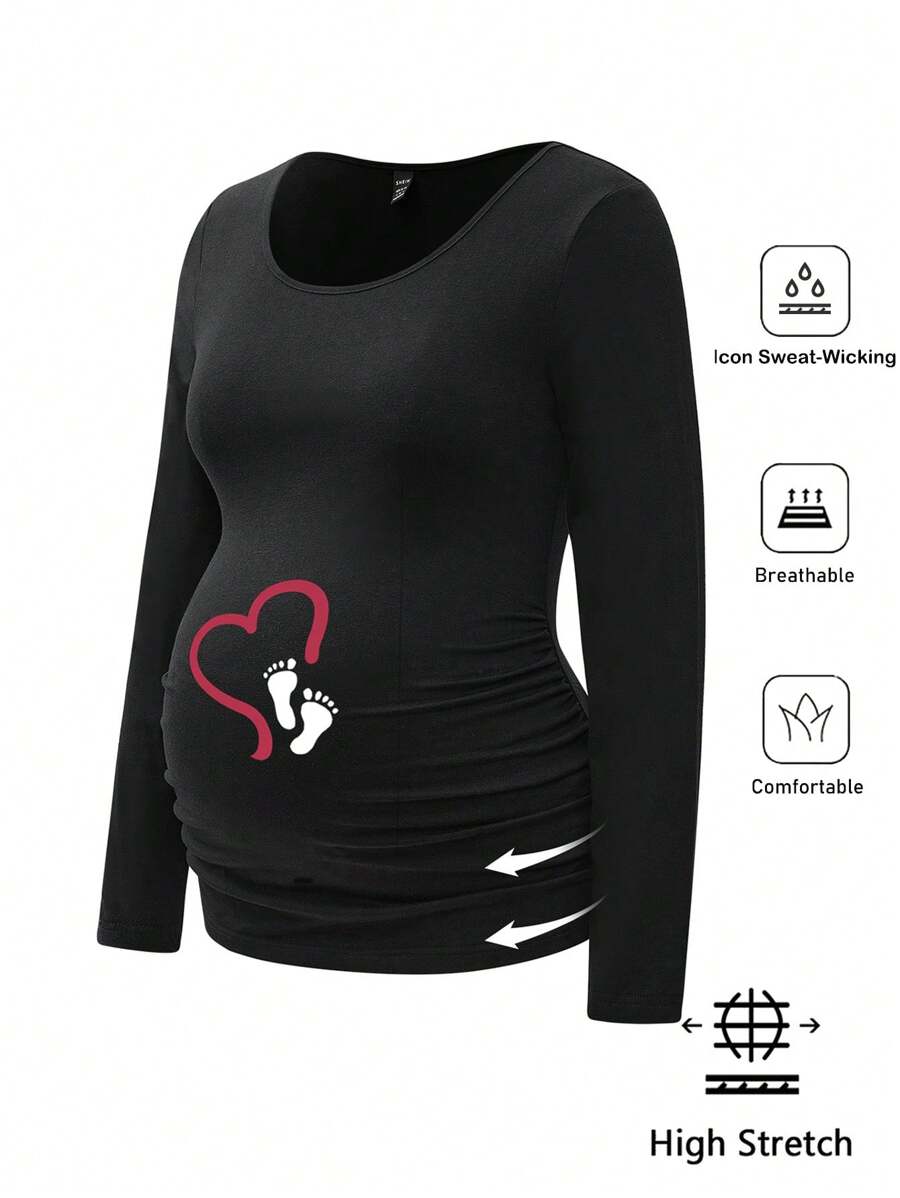 SHEIN Pregnant Women Crew Neck Long Sleeve Casual Simplistic Regular T-Shirt, For Maternity - Black - View 1