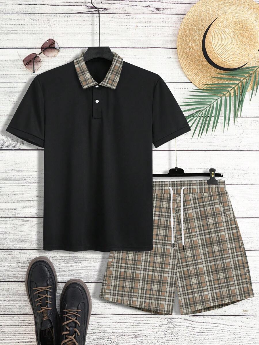 Manfinity Dauomo Men's Plaid Polo Shirt And Drawstring Waist Shorts Casual 2 Pieces Set