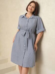 SHEIN Clasi Curve Plus Size Women's Blue And White Check Business Elegant Bow Waist Button Stand Collar 3/4 Sleeve Dress,Dresses For Women Elegant,Old Money Style Women,Modest Dresses For Women,Summer Outfits For Women,Summer Dresses For Women,Vacation Outfits Woman,Vacation Outfits Women,Summer Clothes,Business Casual Woman,Going Out Outfits, - Blue and White - View 5