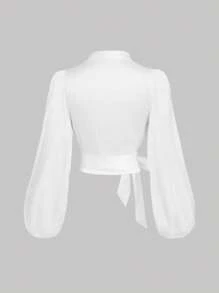 SHEIN MOD 女士白色环绕式系带蝴蝶结蝙蝠袖衬衫、女士衬衫、闪光衬衫、新年上衣
