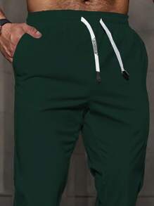 Manfinity Homme Men's Solid Color Drawstring Waist Pockets Straight Casual Loose Pants Men Pants Classic - Dark Green - View 4