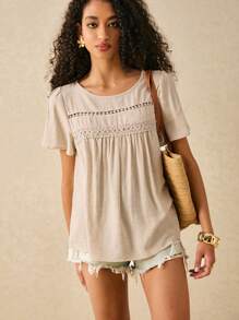 Poéselle 波西米亚风度假宽松衬衫，带蕾丝装饰，亚麻混纺乡村风格，夏季衬衫，短袖，舒适面料 - 杏色 - 查看 3