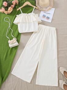 2pcs Tween Girl Textured Fabric Off Shoulder Camisole With Wide-Leg Pants Vacation Set, Spring/Summer - Apricot - View 2