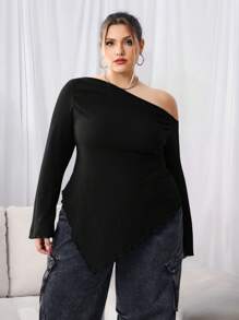 SHEIN CURVE+ Plus Size Women's Top Asymmetric Neck Rib Knit T-Shirt,Valentine's Day Plus Size Christmas - Black - View 4