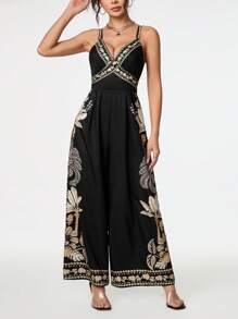 SHEIN PETITE Women's Floral Print Bohemian Style Jumpsuit - Black - View 3