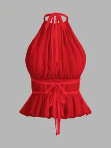 SHEIN PETITE Women's Pleated Halter Neckline Waist-Tied Backless Tank Top - Burgundy - View 9