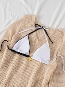 SHEIN Swim Top de bikini con contraste de textura negro y blanco, emparejado con accesorios dorados, traje de baño sexy de verano con taza triangular para adultos