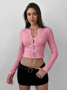 Aloruh V-Neck Hollow Out Bowknot Short T-Shirt In Solid Color