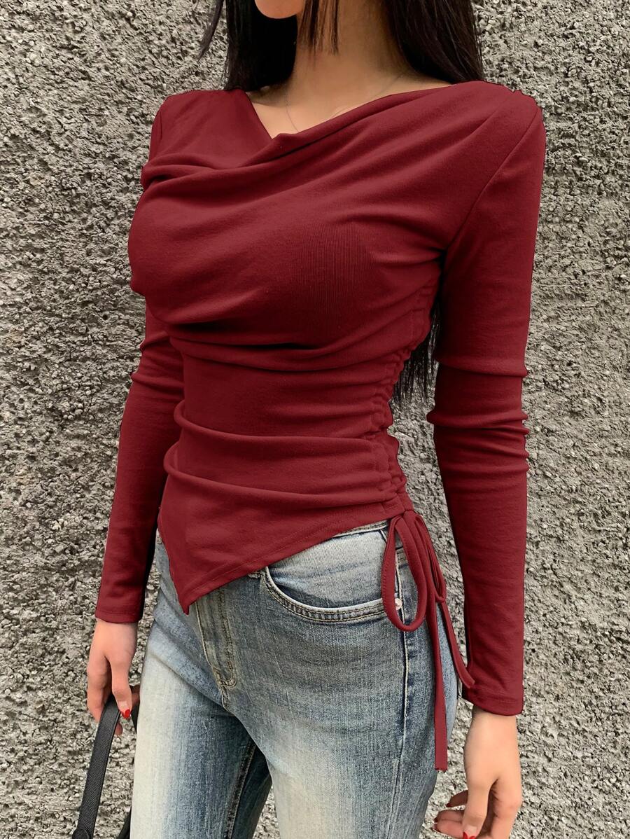 DAZY 女士纯色低胸长袖抽绳休闲 T 恤