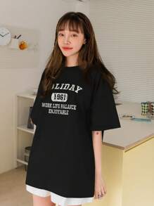 字母图案落肩T恤夏季超大T恤学院风上衣 - 黑色 - 查看 3