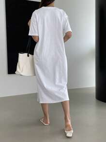 DAZY Slogan Graphic Drop Shoulder Tee Dress Sundress,Casual Women Dresses - White - View 2