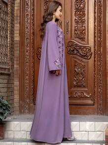 Layrah Handmade Spinach Root Color Flower Beaded Robe Abayas - Red Violet - View 7