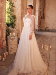 Glamrae 优雅奢华刺绣串珠 3D 花卉透明长袖泡泡纱舞会礼服，带拖尾，适合婚礼、舞会、派对、度假、婚纱 - 米色 - 查看 4