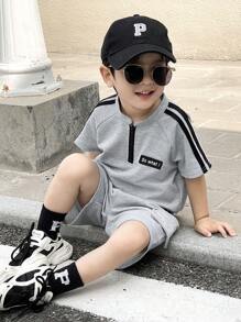 SHEIN 2 pezzi/set Completo ricamato casual e comodo per bambini con maglietta a maniche corte e pantaloncini, in colori a contrasto, ideale per scuola, giardino, spiaggia, compleanni, primavera, estate, autunno, inverno