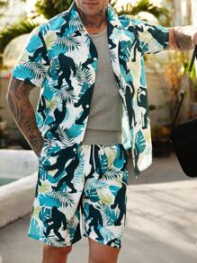 Manfinity RSRT 2pcs/Set Men's Tropical Leaf & Ape Print Button-Up Shirt And Elastic Drawstring Shorts Set, Beach Holiday Casual - Green - View 4