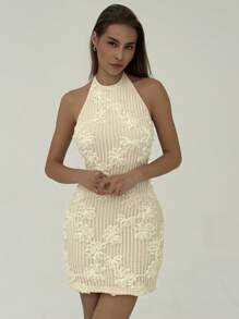 Aloruh Backless Knit Jacquard Halter Dress For Women