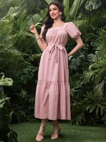 Modelyn فستان طويل للنساء مزود بحزام وياقة مربعة - وردي - مشاهدة 2