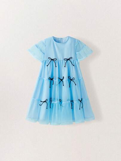 THE HAPPY LOOK Girls Blue Ruched Mesh Patchwork Bow Decorated Dress