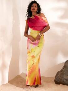 Opulessa 2 件套：女式纯色编织斜领上衣和高腰鱼尾下摆裙子