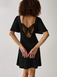 Easelle Spring/Summer Bohemian Style Outfit, Cowgirl Vintage Women's Boat Neck Backless Butterfly Design Black Knit Loose Dress, Suitable For Vacation