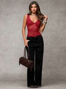 SHEIN BAE Women's Sexy Solid Color See-Through Mesh Sheer Tank Top - Red - View 5