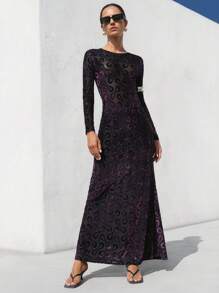 SHEIN Privé Elegant Business Dinner Long Flocked Jacquard Mesh Sheer Bottom Round Neck Long Sleeve Bodycon Dress Fall Cloth For Women - Multicolor - View 1