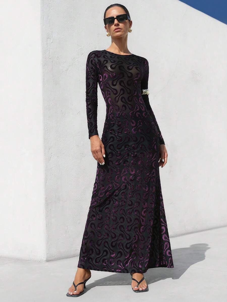 SHEIN Privé Elegant Business Dinner Long Flocked Jacquard Mesh Sheer Bottom Round Neck Long Sleeve Bodycon Dress Fall Cloth For Women - Multicolor - View 1