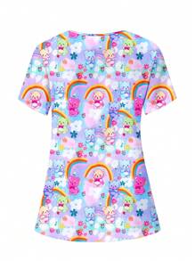 PopScrub Cute Cartoon Animal Pattern Women's V-Neck Short Sleeve Pocket Nurse Scrub Uniform Top, Scrubs Print V Neck Frosted Scrub Top, Casual Short Sleeve Work Wear, Women Sweetheart V-Neck Ruched Blouse, Women Short Sleeve V-Neck Nurse Scrub Uniform Shirt With 2 Pockets, Soft Stretchy Ruched Graphic Tee V-Neck Short Sleeve Blouse For Lady Wear Women's V-Neck Short Sleeve Double Pocket Cute Cartoon Animal Pink Heart Rabbit Print Simple Nurse Uniform Set/Doctor Work Uniform Set/ Examination & Surgery Uniform Set/Solid Color Pet Grooming Work Uniform Set/Nutritionist Work Uniform Short Sleeve Set/Functional Multi-Pocket Lab Work Uniform Top - Multicolor - View 2