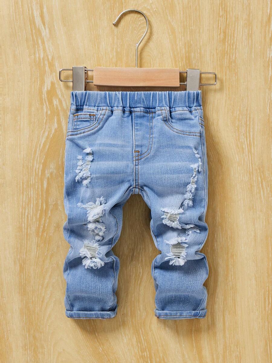 SHEIN Pantalones vaqueros de niño bebé de verano con bolsillo sólido y desgastado, verano - Lavado ligero - Ver 1