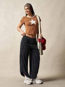 VARSITIE Damen Lässig Sport Kurzarm Kontrast Farbe Stern T-Shirt Top - Khaki - Übersicht 5