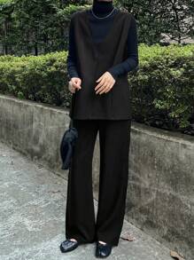 FRIFUL 2件組女款高領純色長袖上衣與長褲套裝，極簡時尚居家休閒套裝 - 黑色 - 查看 6