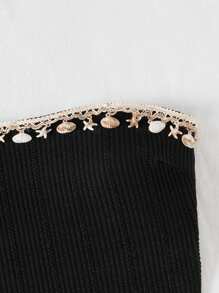 SHEIN Swim 2pcs Women Springbreak Spaghetti Strap Bikini Set, Textured Fabric With Seashell And Starfish Decor, High Waist Bikini Bottom, Adult Beach Spaghetti Strap Bikini For Summer Beach Vacation