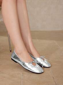 MOTF PREMIUM FASHIONABLE CASUAL COMFORTABLE VERSATILE SILVER BOW DECOR MARY JANE FLATS, SPRING SHOES, SPRING BREAK EASTER - Silver - View 8